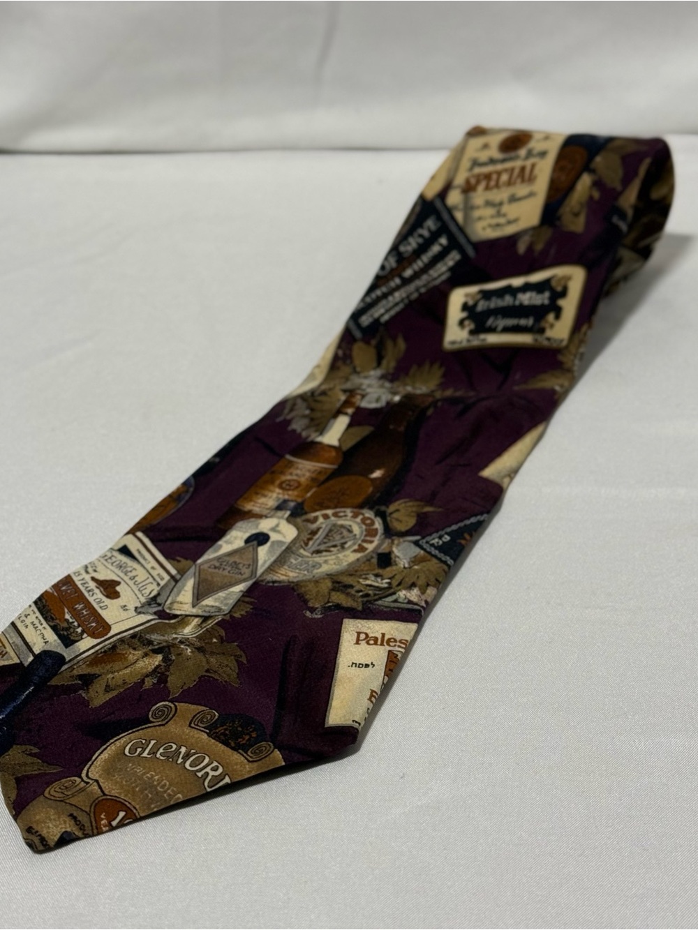 Vintage Novelty Necktie 100% Silk Handmade‎ in Italy Liquor Spirits Label Print